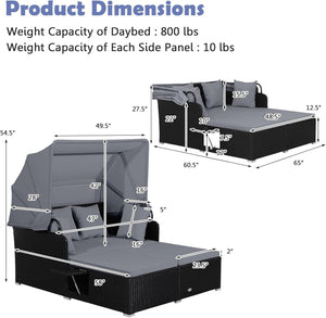 Patio Rattan Daybed with Retractable Canopy and Side Tables-Gray view 5