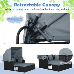 Patio Rattan Daybed with Retractable Canopy and Side Tables-Gray view 6