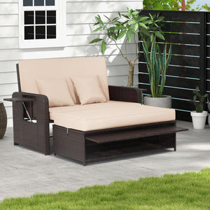 Patio Rattan Daybed with 4-Level Adjustable Backrest and Retractable Side Tray-Brown view 2
