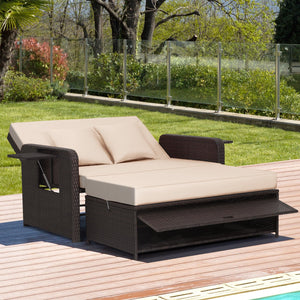 Patio Rattan Daybed with 4-Level Adjustable Backrest and Retractable Side Tray-Brown view 3