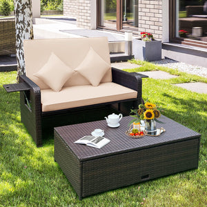 Patio Rattan Daybed with 4-Level Adjustable Backrest and Retractable Side Tray-Brown view 5