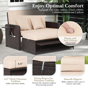 Patio Rattan Daybed with 4-Level Adjustable Backrest and Retractable Side Tray-Brown view 7