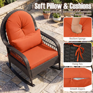 Patio Rattan Rocking Chair with Seat Back Cushions and Waist Pillow-Red view 7