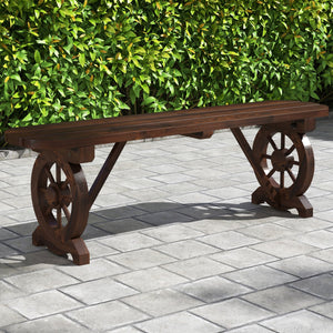 Patio Rustic Wood Bench with Wagon Wheel Base view 2