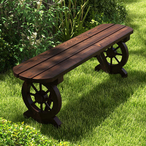 Patio Rustic Wood Bench with Wagon Wheel Base view 3