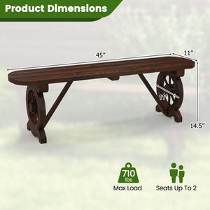 Patio Rustic Wood Bench with Wagon Wheel Base view 4
