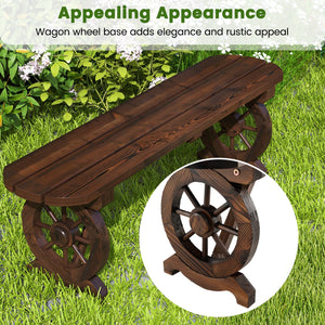 Patio Rustic Wood Bench with Wagon Wheel Base view 7