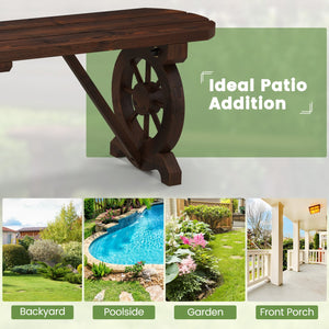 Patio Rustic Wood Bench with Wagon Wheel Base view 8