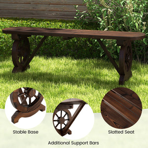 Patio Rustic Wood Bench with Wagon Wheel Base view 9
