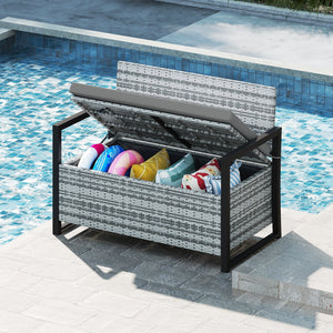Patio Storage Bench Outdoor Wicker Loveseat with Built-in Storage-Gray view 6
