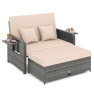Patio Wicker Loveseat Sofa with Multipurpose Ottoman and Retractable Side Tray-Beige