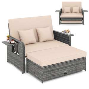 Patio Wicker Loveseat Sofa with Multipurpose Ottoman and Retractable Side Tray-Beige view 4