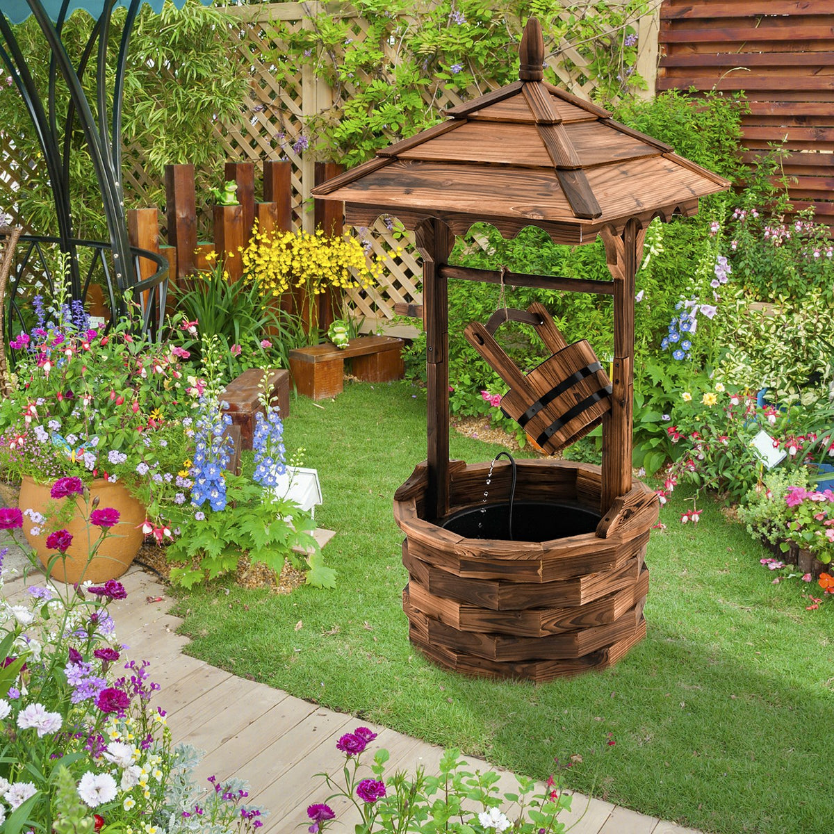 Patio Wooden Water Fountain with Electric Pump-Brown view 2