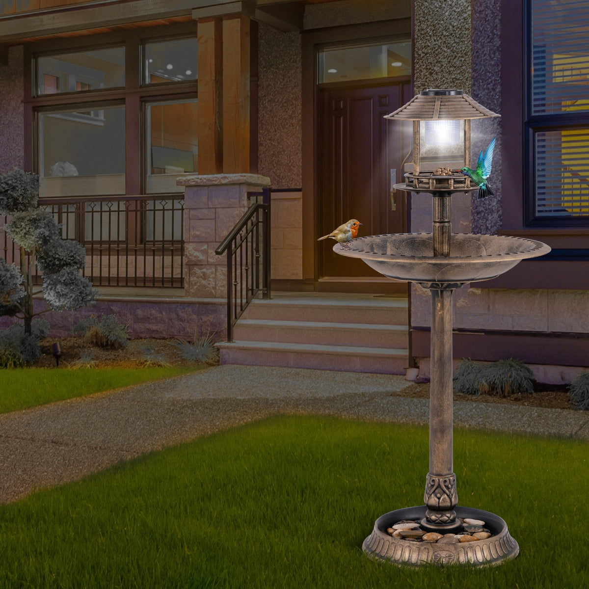Pedestal Bird Bath with Solar Light with Bird Feeder and Flower Planter-Bronze view 2