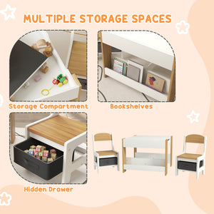 Qaba 3 Piece Kids Table and Chair Set with Reversible Tabletop, Blackboard, Storage, Bookshelf, for Playroom, Nursery