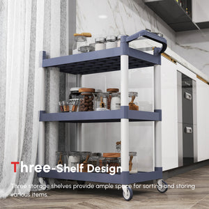 3-Tier Utility Cart Large Rolling Storage Trolley with 3 Shelves Metal Clean Service Cart, Restaurant, Hotel, Livingroom, Silver and Grey