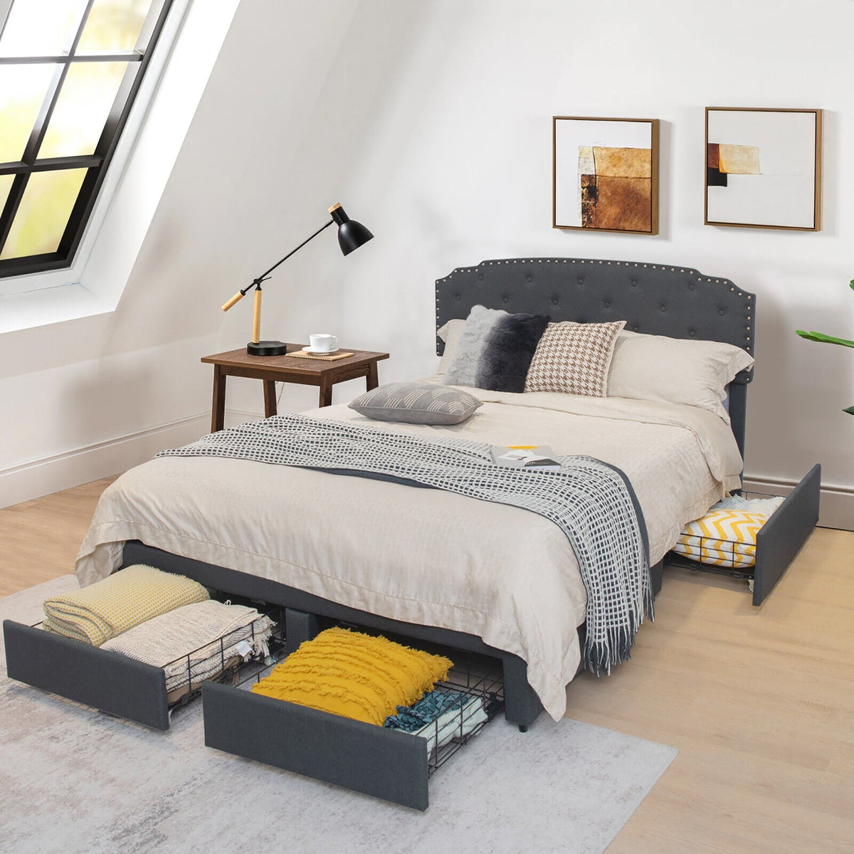 Platform Bed Frame with Adjustable Headboard and 4 Storage Drawers view 2