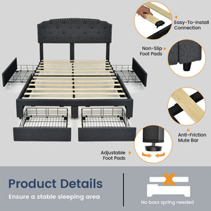 Platform Bed Frame with Adjustable Headboard and 4 Storage Drawers view 5