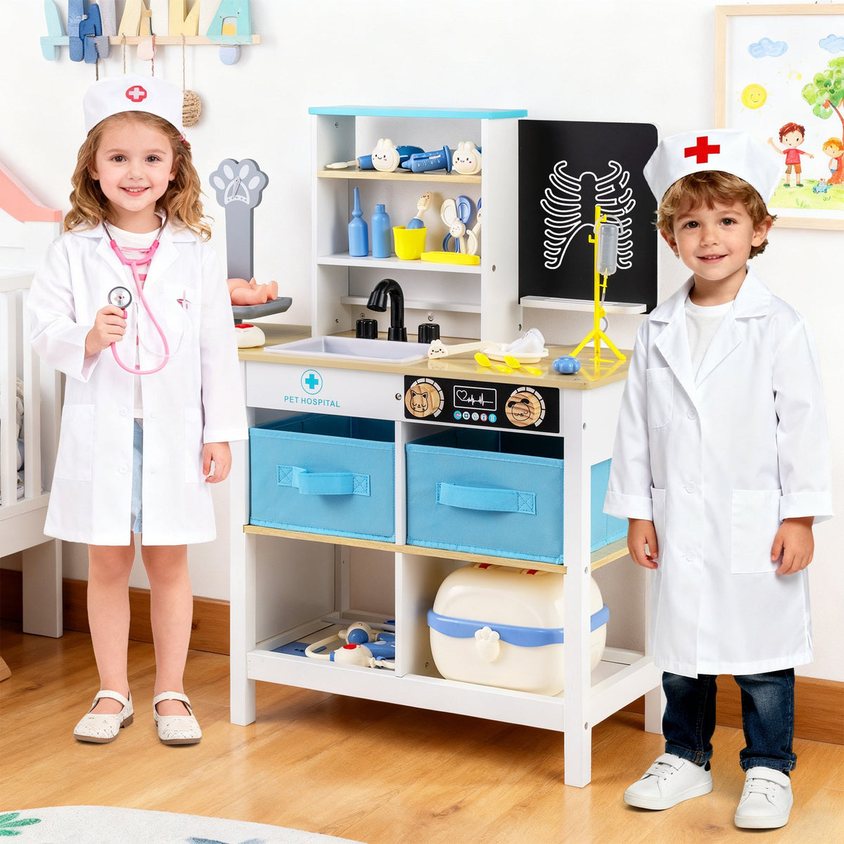 Play Doctor's Office Wood Medical Center Toy Set with Blackboard-White view 2