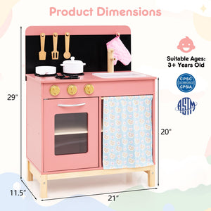 Play Kitchen for Kids Wooden Kitchen Playset with Door Curtain-Pink view 5