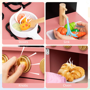 Play Kitchen for Kids Wooden Kitchen Playset with Door Curtain-Pink view 6