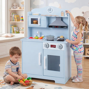 Play Kitchen for Kids Wooden Playset with Range Hood and Microwave-Blue view 2