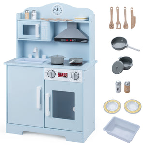 Play Kitchen for Kids Wooden Playset with Range Hood and Microwave-Blue view 3