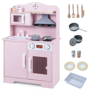 Play Kitchen for Kids Wooden Playset with Range Hood and Microwave-Pink view 3