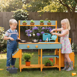 Play Kitchen for Kids Wooden Toy Kitchen Playset Pretend Mud Kitchen-Yellow view 2
