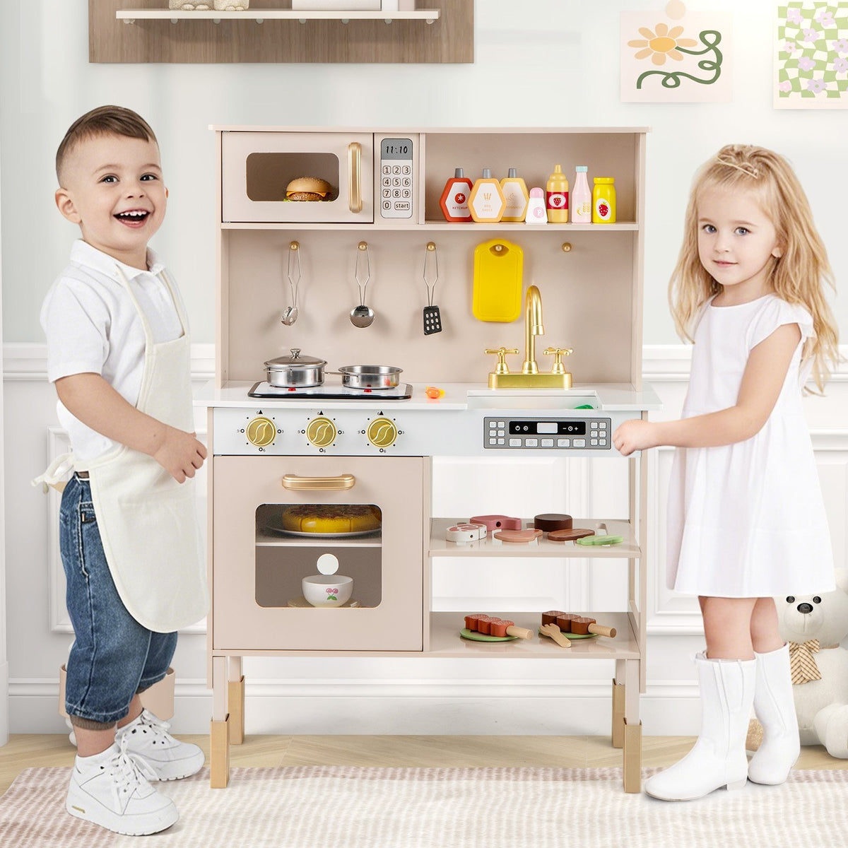 Play Kitchen Height Adjustable with Microwave and Lights and Sounds-Pink view 2