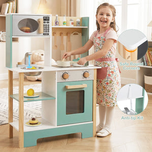 Play Kitchen Wooden Toy Kitchen Playset with Chalkboard Birthday Gift for Kids Aged 3 +-Green view 2