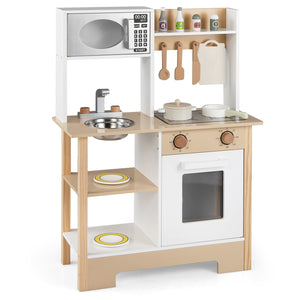 Play Kitchen Wooden Toy Kitchen Playset with Chalkboard Birthday Gift for Kids Aged 3 +-White