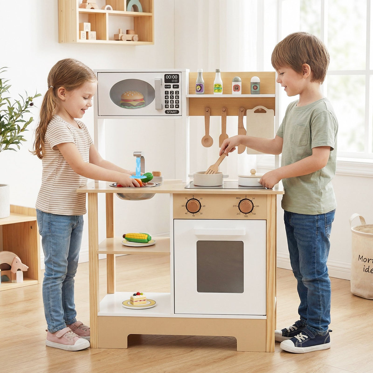 Play Kitchen Wooden Toy Kitchen Playset with Chalkboard Birthday Gift for Kids Aged 3 +-White view 2