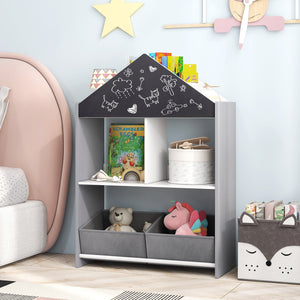 Playhouse Kids Bookshelf with Chalkboard and Whiteboard for 3-6 Years-Gray view 2
