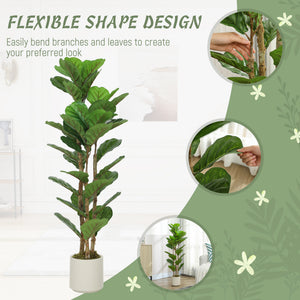 4FT Artificial Fiddle Leaf Fig Tree Set of 2, Fake Potted Tree with Solid Wood Trunks for Indoor Decor, Green
