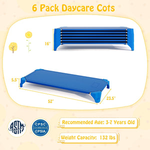 Portable 6 Pack Stackable Daycare Cots Sleeping Bed for Kids 52 Inch-Blue view 5