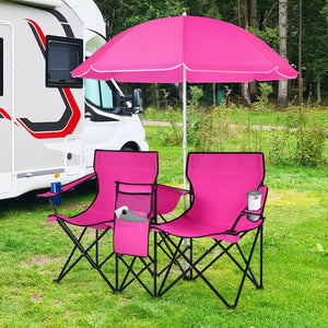 Portable Folding Picnic Double Chair With Removable Umbrella-Pink view 2