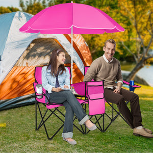 Portable Folding Picnic Double Chair With Removable Umbrella-Pink view 3