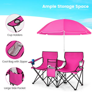 Portable Folding Picnic Double Chair With Removable Umbrella-Pink view 7