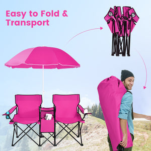 Portable Folding Picnic Double Chair With Removable Umbrella-Pink view 8