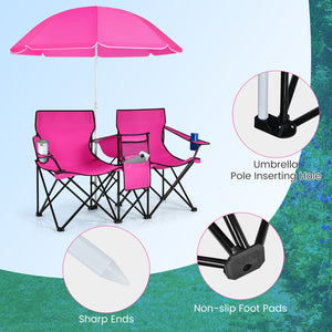 Portable Folding Picnic Double Chair With Removable Umbrella-Pink view 9