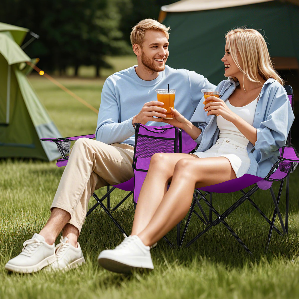 Portable Folding Picnic Double Chair With Removable Umbrella-Purple view 2