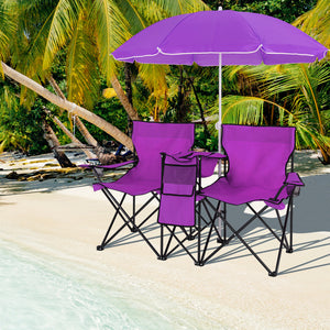 Portable Folding Picnic Double Chair With Removable Umbrella-Purple view 3