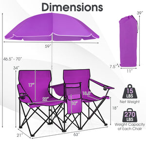 Portable Folding Picnic Double Chair With Removable Umbrella-Purple view 4