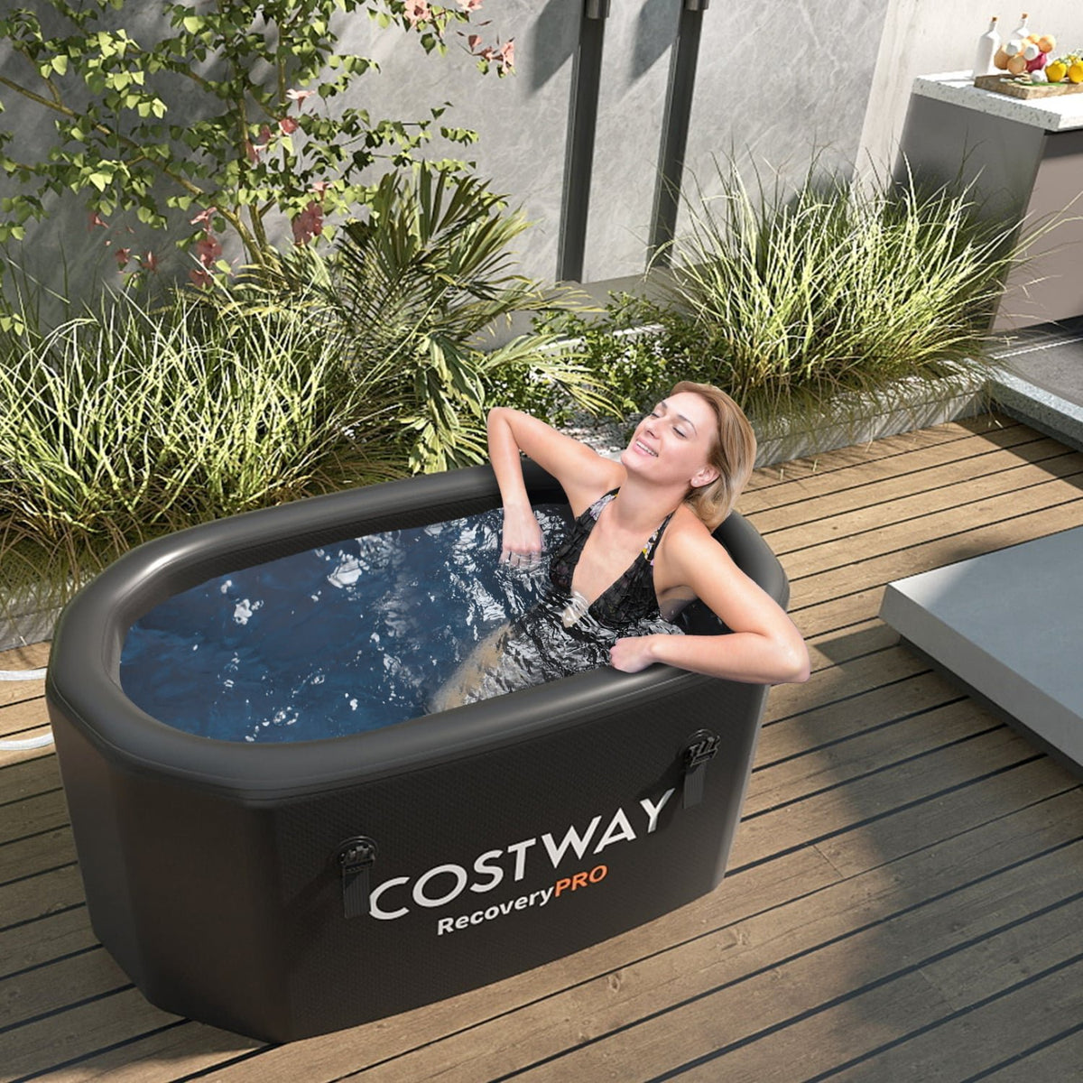 XL 129 Gal Oval Ice Bath Tub with Cover and Hand Pump for Athletes-Black view 2