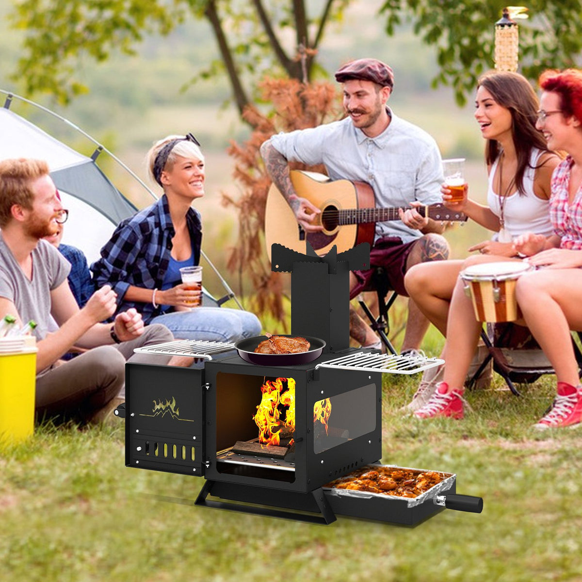 Portable Wood Burning Stove Mini Heater Burner with Pot Rack Oven Pan-Black view 2