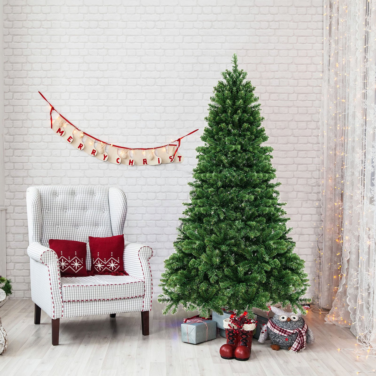6/7/8 Feet Hinged Christmas Tree with PVC Branch Tips Warm White LED Lights-6 ft view 2