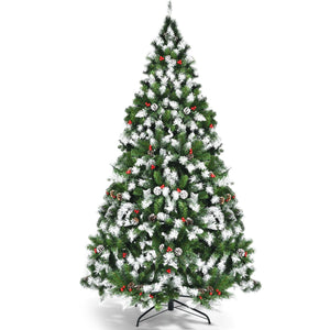 Pre-lit Snow Flocked Christmas Tree with Red Berries and LED Lights-6 Feet