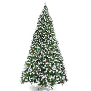 Pre-lit Snow Flocked Christmas Tree with Red Berries and LED Lights-9 Feet