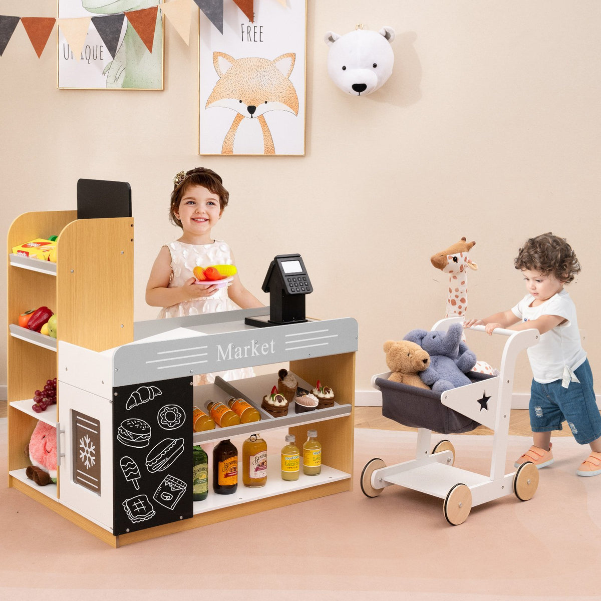 Pretend Play Grocery Store Set with Shopping Cart and 2 Chalkboards-White view 2